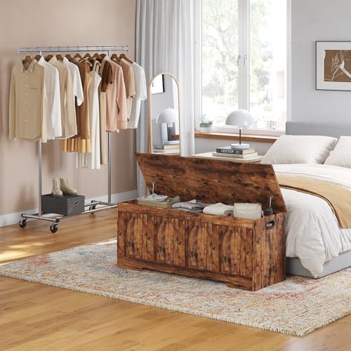 DINZI LVJ Storage Chest, 47.2”Wooden Storage Box with 2 Safety Hinges, Entryway Shoe Bench with Flip-Top, Large Trunk for Living Room, Bedroom, Easy Assembly, Rustic Brown DINZI LVJ Storage Chest, 47.2”Wooden Storage Box with 2 Safety Hinges, Entryway Shoe Bench with Flip-Top, Large Trunk for Living Room, Bedroom, Easy Assembly, Rustic Brown
