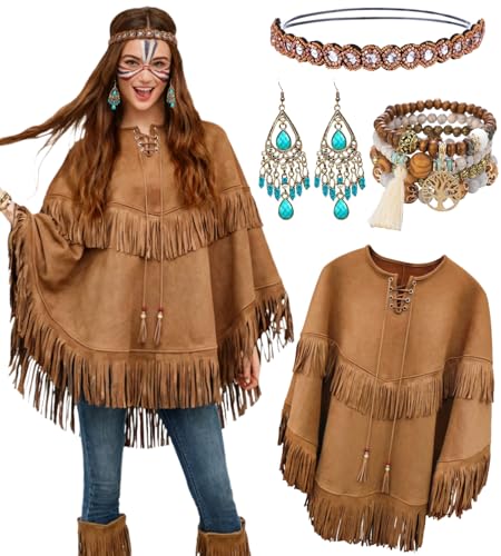 kasahara Poncho Indien Femme avec Franges et Accessoires – Cape Hippie Western avec Bijoux de Cheveux, Déguisement Cowgirl pour Carnaval, Halloween,...