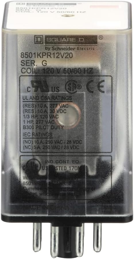 Schneider Electric Square D Plug in Relay, Type KP, Tubular, 1 HP at 277 VAC, 10A Resistive at 120 VAC, 8 Pin, DPDT, 2 NO, 2 NC, 120 VAC Coil