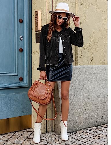 Image of luvamia Denim Jacket for Women Distressed Jean Jackets Button Up Vintage Western Trucker Jacket Frayed Hem Pockets