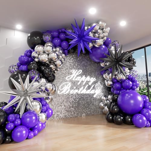 Image of Purple and Black Balloon Arch Kit, 132Pcs Explosion Star Metallic Silver Purple Black Confetti Balloon Garland kit Different Size Balloons for Halloween Graduation Birthday Party Decorations