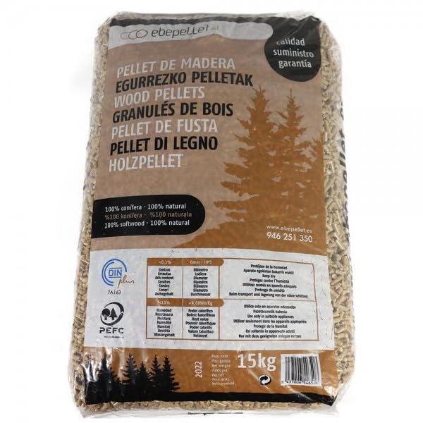Sacos de Pellets Din Plus A1 15kg de madera 100% conífera 100% natural, para estufas y calderas de biomasa 6mm – HP5