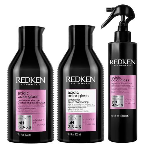 Redken Pflegeset für Reinigung und Farbschutz bei gefärbtem Haar, Langanhaltende Farbbrillianz, Mit Glanzkomplex & Hitzeschutz bis zu 230°C, Acidic Color Gloss Shampoo, Conditioner und Leave-In Spray