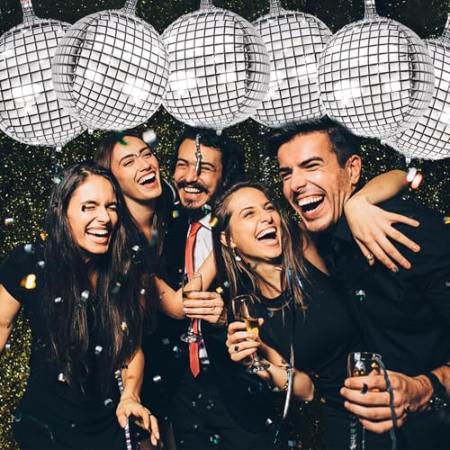 Image of Silver Disco Ball Balloons 22 Inch - 6 Pack 4D Foil Balloons for 70s Party Birthday Graduation Decoration