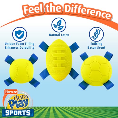 Hartz Dura Play Sports Ball Variety Dog Toy, Bacon Scented Squeaky Latex Yellow & Blue Toy, 3 Count by Hartz - Image 4