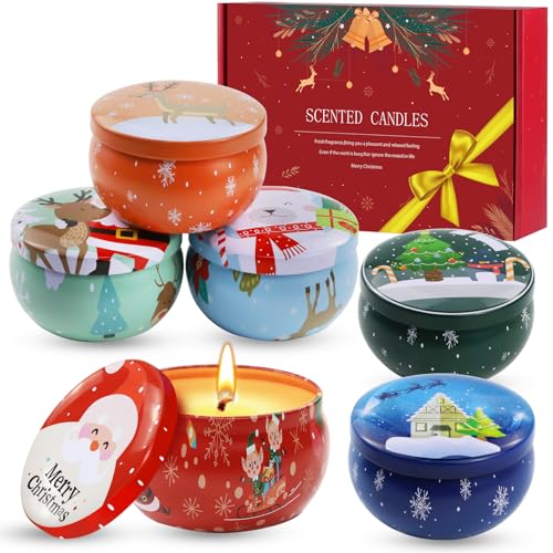 Christmas Scented Candles Gifts for Women 6 Pack Scented Candles Gifts Set Natural Soy Wax Xmas Tin Jar Aromatherapy Candles for Stress Relief Ideal Christmas Gifts for Women Man Friends
