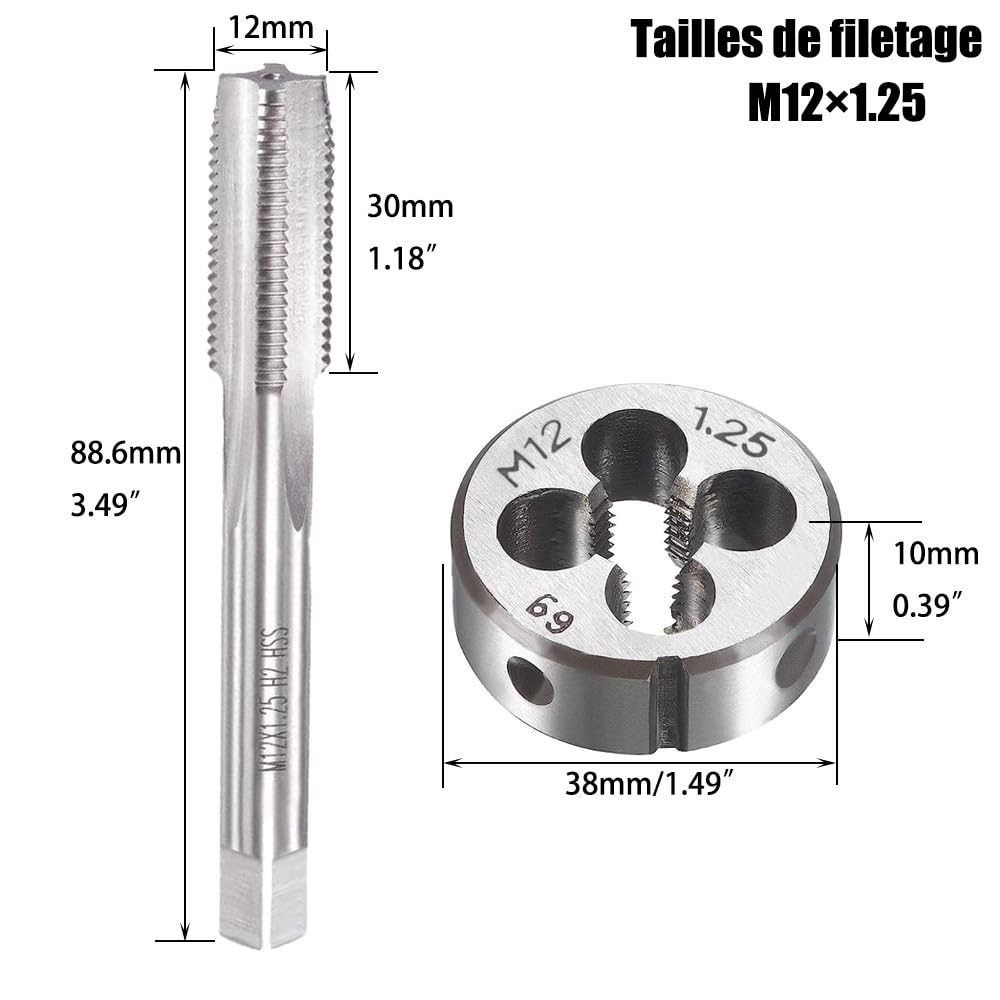 M12 X 1,25 Metrico Maschi e Filiere Kit HSS Maschi a Mano Destra Filettatura