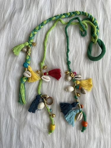 Image of Zippy Flora Boho Handmade Colorful Hair Strings for Navratri /Ethnic Look /Bohemian Styling, Colorful Braided Hairband, Thread Hair Accessories & Extensions (Full Length (20-22inch), Green)