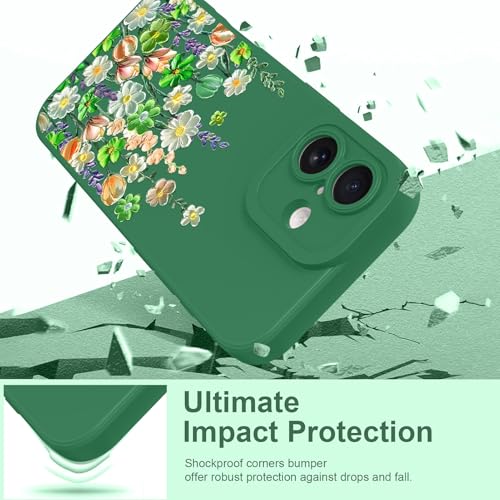 Image of Designed for iPhone 16 Case Floral for Women Girls, Green | Cute Oil Painting Flower Pattern Liquid Silicone Phone Case [Full Camera Protection] Slim Soft TPU Protective Cover