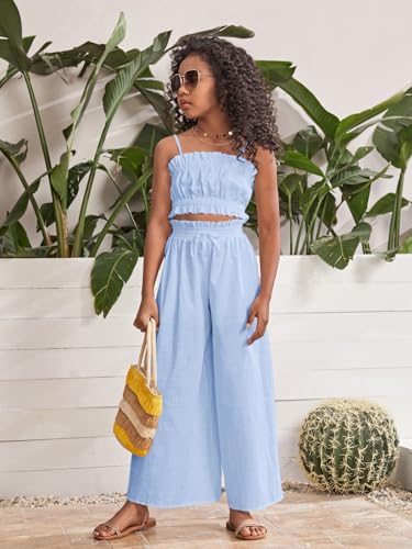 Image of Floerns Girl's 2 Piece Set Ruffle Trim Cami Tops with Paperbag Waist Wide Leg Pants