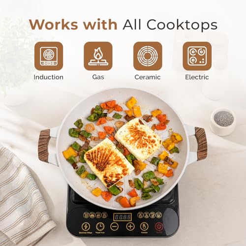 Image of HomeEssentials Non-Stick Grill Pan- 33cm Volcanic Rock Stone-Derived Griddle Pan with Heat-Resistant Wood-Grain Handles -for Kitchen, Non-Toxic, Chemical & PFOA Free, Gas Stove Induction Compatible