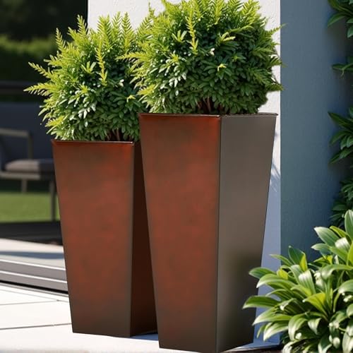 Worth-Garden-Large-Metal-Glazed-Planter-Set-of-2-25-28-Luxurious-Glossy-Finish-Red-Tall-Square-Tapered-Steel-Plant-Pot-Decor-Flower-Pot-Indoor-Outdoor-Drainage-Hole-Dual-Purpose-Saucer Worth Garden Large Metal Glazed Planter Set of 2 25 28 Luxurious Glossy Finish Red Tall Square Tapered Steel Plant Pot Decor Flower Pot Indoor Outdoor Drainage Hole Dual Purpose Saucer