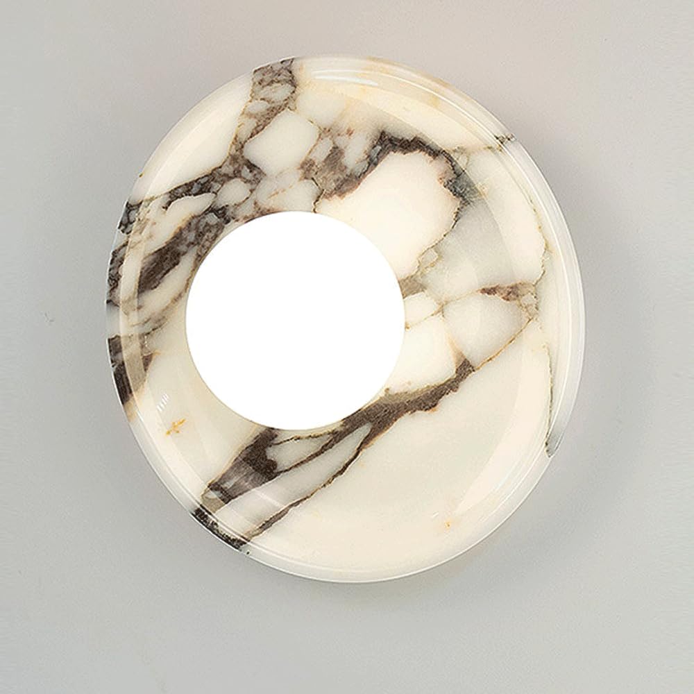 Alabaster Wall Sconce 9.84In Round Marble Wall Lighting With Globe Glass Shade Natural Alabaster Bedside Sconce Lighting G9 Marble Stone Wall Lamp Hardwired Wall Lights For Vanity Hallway Living Room