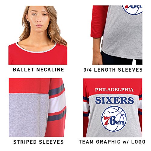 Ultra Game NBA Philadelphia 76ers Womens T-Shirt Raglan Baseball 3/4 Long Sleeve Tee Shirt, Team Color, Medium