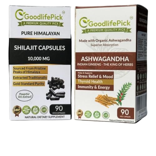 Himalayan Shilajit Capsule & Ashwagandha Capsules Pack of 2. 90+90 ct Gold Standard Premium Quality for Max Benefits. All Natural Non GMO No Rice Powder No Filler No Silicon Dioxide No Stearate