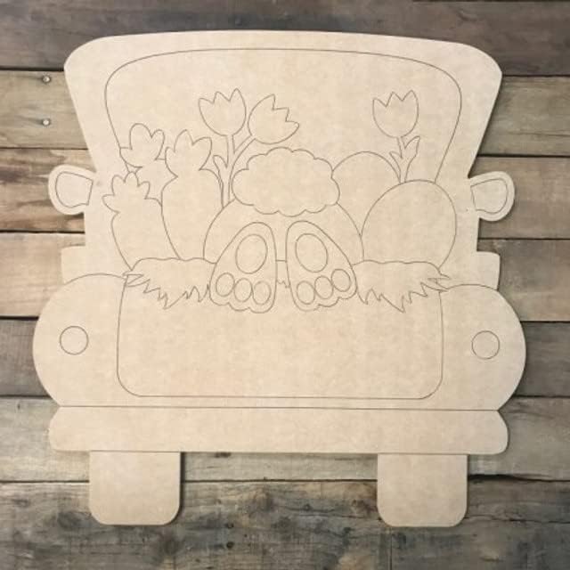 Easter Bunny with Carrots Truck DIY, Unfinished Wood Cutout, Paint by Line Build-A-Cross