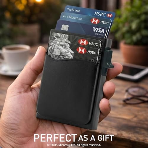 Image of Mini2buy Aluminium Pop-Up Slim Card Wallet with Quick Access Button for Men & Women [Smart 9 Slot Credit /Debit ATM] RFID Blocking, Minimalist Design, Corporate Gift (Pocket-Black)