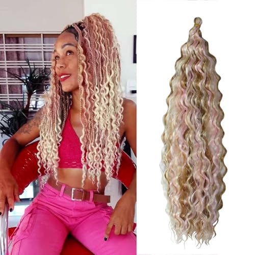 Dsoar Deep Wave Braiding Hair Ombre Deep Twist Wavy Synthetic Hair Highlight Curly Hair Extensions for Braids Ocean Wave Hair Bundles 22 Inch 3 Packs, 27/613/pink#