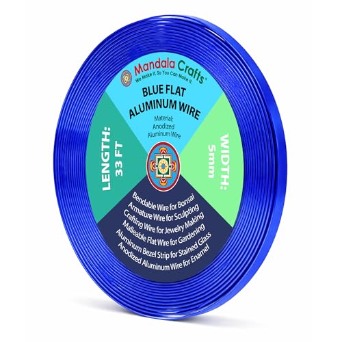 Image of Mandala Crafts 5mm Flat Anodized Aluminum Crafting Wire for Jewelry Making - 33 FT Colored Flexible Blue Bezel Wire - Bendable for Bonsai Armature Sculpting
