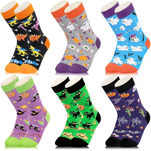 Dsia Zamur 6 Pack Halloween Socks for Kids Boys Girls Gift Set Novelty Spooky Pumpkin Cat Witch Ghosts Horror Dinosaur Stocking for Children 7-10 Years