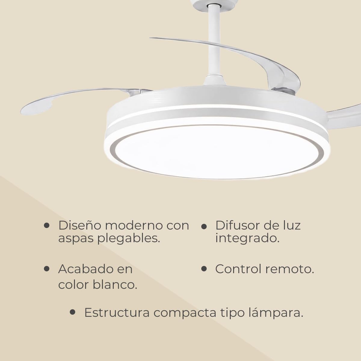 Els Banys - Ventilador de Techo LED con Aspas Plegables - Ø49 cm Cerrado / Ø105 cm Abierto - Motor DC 72W Silencioso - 6 Velocidades - Luz CCT Regulable - Mando a Distancia