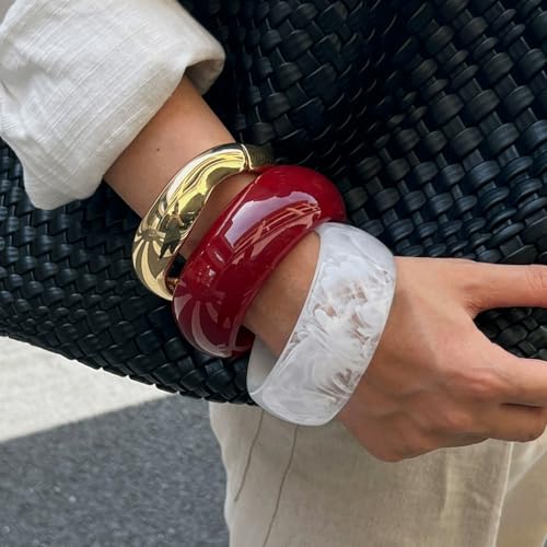 Chunky Gold Bracelet Resin Bangle Bracelets for Women 3Pcs Vintage Acrylic Wide Cuff Bracelet Mixed Metal Sculptural Statement Fashion Jewelry2