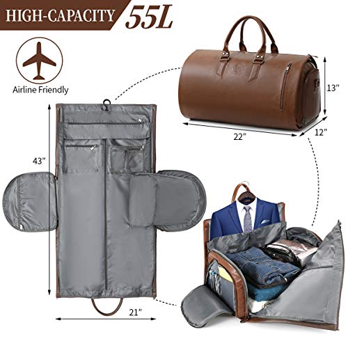Convertible Leather Garment Bag with Shoes Compartment, Large Carry on Duffel Bag for Men Women - Waterproof Travel Weekender Suit Bag Brown
