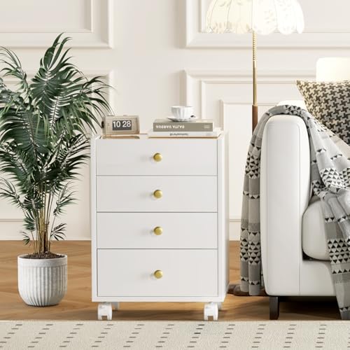 Image of Under Desk Storage, 4 Drawer Small File Cabinet, Chest of Drawer with Glass Top, Mobile Printer Stand with Lockable Wheels for Home Office Study, White