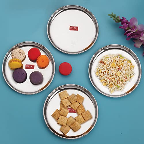 Image of HAZEL Stainless Steel Breakfast Plate with Glossy Finish | Quarter Plates for Kids Serveware Tableware | Thali Plates for Kitchen | Dinner Plates Set of 4, 23.5 cm