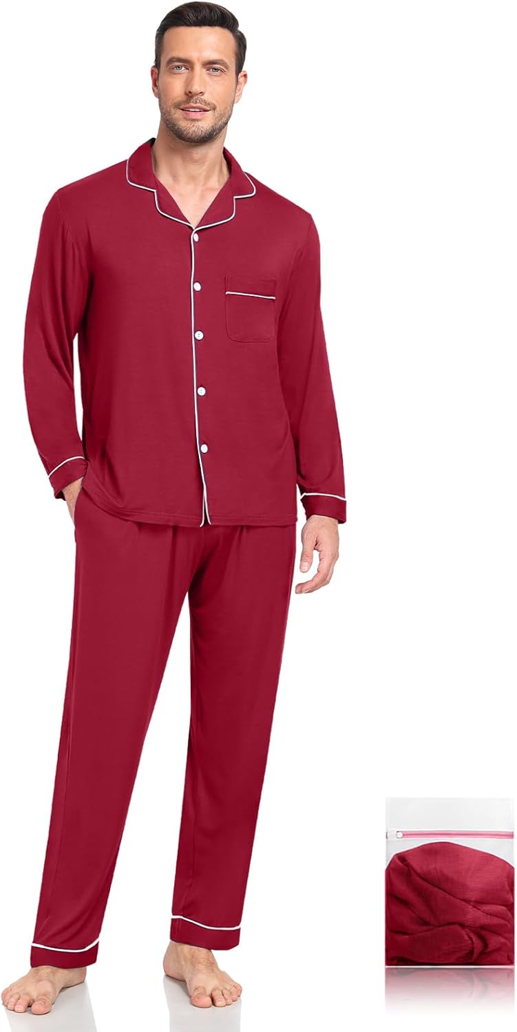Men Modal Pajama Set Long Sleeve Pjs Button Down Sleepwear Soft Comfy Loungewear Sets 2 Piece Nightwear S-3XL