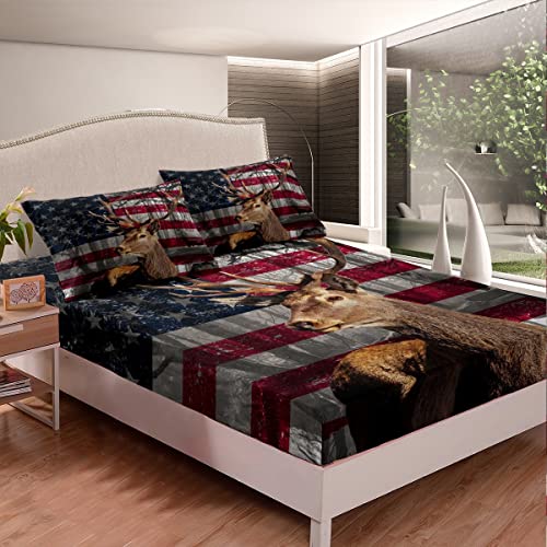 Manfei Kids 3D Deer Fitted Sheet Twin Size American Flag Bedding Set 2Pcs For Boys Teens Room Decor, Wildlife Animal Elk Print Bed Cover Stars And Stripes Bed Sheet Set With 1 Pillowcase #TOP1