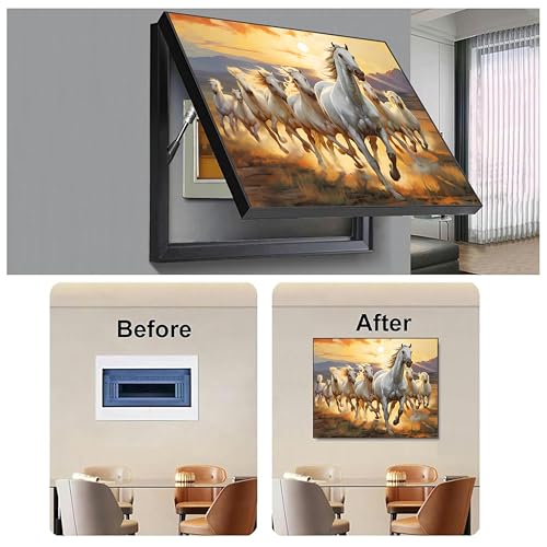 Image of Electric MCB Box Cover Frame With Hydraulic Decorative White 8 Running Horse Painting Electrical Panel box Cover, Switch Box Frame Will Fit Max 15x20 inch Switch Board, Outer Box Size 17X23 Inch