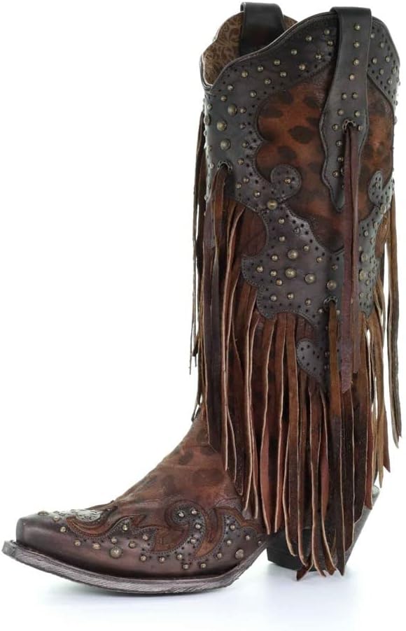 Corral Boots Womens Leopard Print Fringe Snip Toe Casual Boots Mid Calf Mid Heel 2-3" - Brown