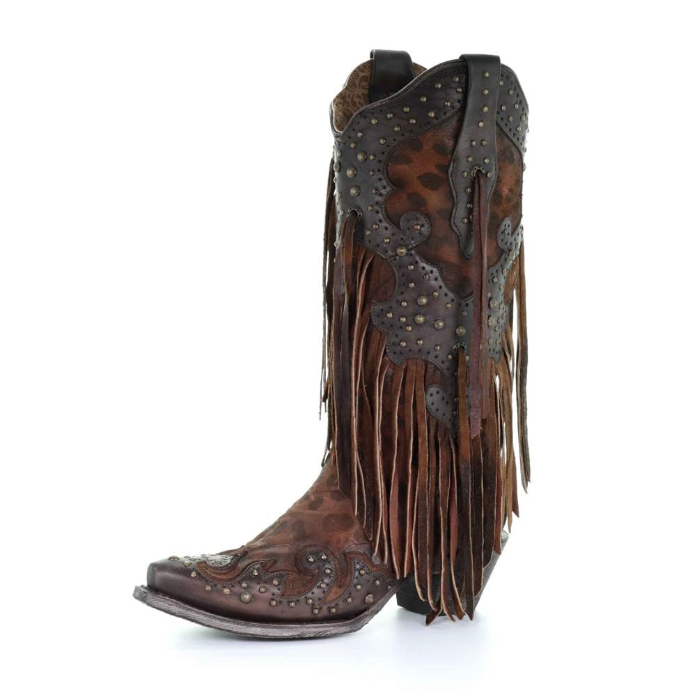 Corral Boots Womens Leopard Print Fringe Snip Toe Casual Boots Mid Calf Mid Heel 2-3 - Brown