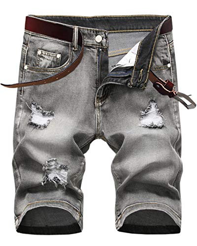 SHOOYING Mens Summer Stretch Ripped Holes Denim Short Casual Holiday Jean Shorts with Pockets, Grey, US 34 / Tag 36