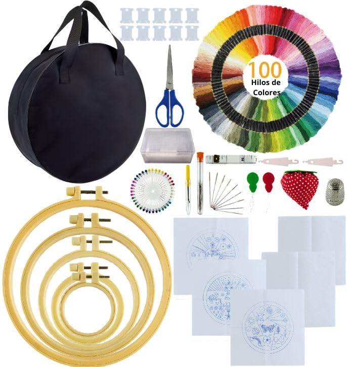 SusggO 207 Piezas KIT DE BORDADO PARA PRINCIPIANTES Y EXPERTOS con VIDEOTUTORIAL BASTIDORES PATRONES-Bordado ropa-5 Bastidor para Bordar-Telas Algodon,100 Hilos-35 Agujas Bolso-Bordado Punto de Cruz