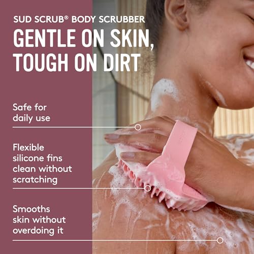Image of Sud Scrub Antimicrobial Silicone Body Scrubber, Exfoliating Body Scrubber for Sensitive Skin, Eco Friendly Shower Scrubber for Body, Silicone Body Brush for Showering, Lathers Well, Pink