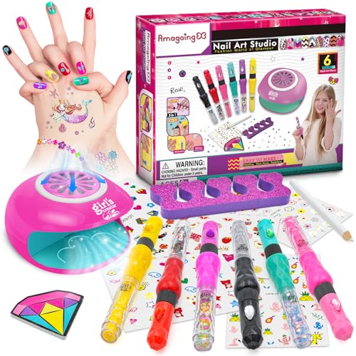 Amagoing Nail Art Studio for Girls, Nail Polish Kit for Kids Age 6-12 Year Old, 2 in 1 Nail Polish, Nail Dryer, Fashion Nail Decals, Glitter, Decoration Supplies, Makeup Gift for Birthday, Girly Spa