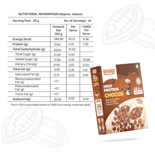 Image of SVVAD PRO High Protein Chocos Cereal | Made with Millets, Cocoa & Pulses Protein | 18g Protein per 100g | Healthy Breakfast Snacks for Kids & Adults | Gluten-Free, No Maida Crunchy Choco Bites, 350g (Pack Of 2)