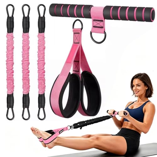 Image of 3-Tube Adjustable Pedal Resistance Band (30-90LBS) Home Workout, Pink