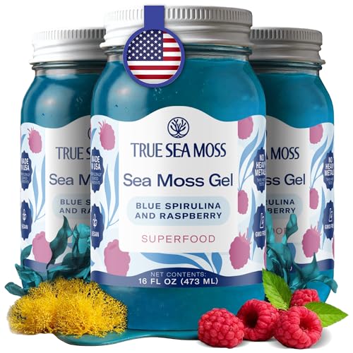 TrueSeaMoss Sea Moss Gel – Made in USA – Wildcrafted Seamoss, Fruits &amp; Jarred Vegetables – Blue Spirulina, Pack of 3 (Labels may Vary)