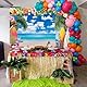 Sommer-Strand-Hintergrund, hawaiianische Party-Dekorationen, 2,7 x 1,5 m, tropische Blumen, Palmenblätter, Surfbrett, Fotografie-Hintergrund, Hawaii-Thema, Geburtstagsparty, Zubehör, Foto-Requisiten