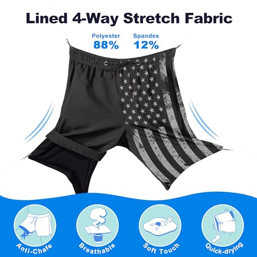 Mens Swim Trunks with Compression Liner, Vintage Black American Flag Mens Bathing Suit Swimming Trunks 9 Inch Inseam Board Shorts Men's Swimwear, 4 Way Stretch Beach Shorts Quick Dry Swimsuits, M