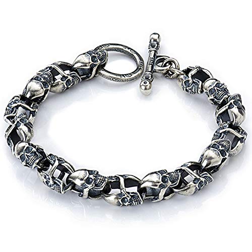 925 Sterling Silver Bracelet Unique Double-Sided Skull Head Punk Biker Bracelet for Men (Silver, 21.5 cm)