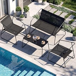 LIFERUN Gartenmöbel Set 4-TLG für 4 Personen, Textilene Balkonmöbel Set mit 2er Gartenbank, 2 Stühlen & Glastisch, Wetterfeste Outdoor Sitzgruppe, für Terrassen, Gärten und Außenbereiche (Schwarz)
