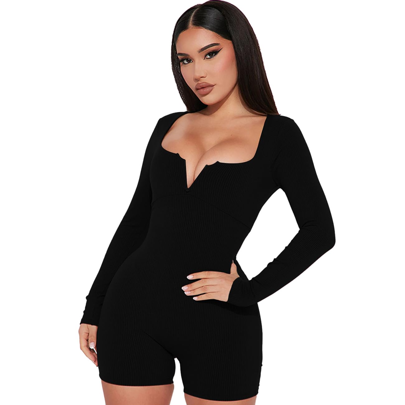 RPAEOY Mono Deportivo Mujer Manga Larga Cuello en V Sexy Punto Acanalado Elásticos Body Overol Romper de Una Pieza Traje de Gimnasio Casual Jumpsuit para Fitness Yoga Danza