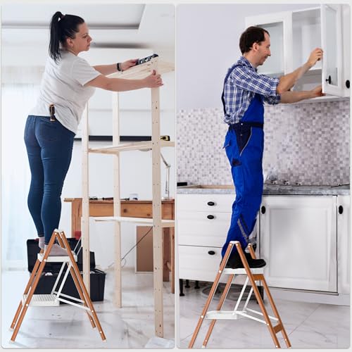 DIAMONDFORGE 2 Step Ladder, Lightweight Folding Step with Wide Anti-Slip Pedal & Feet, 330 lbs Capacity,Sturdy Steel Step Ladder for Home,Office and Library,Light Woodgrain by DIAMONDFORGE - Used condition - Image 7