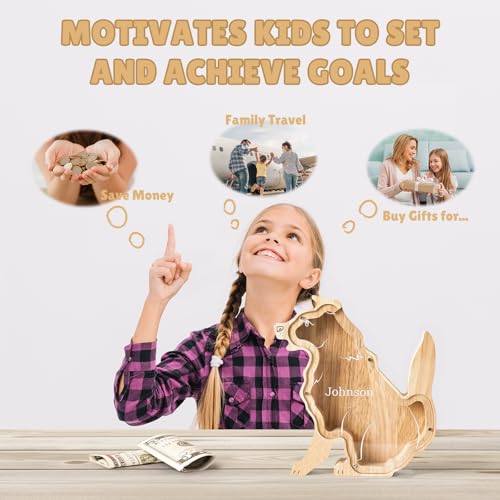Image of Personalized Wooden Dog Piggy Coin Banks for Kids Name | Custom Gifts for Kids Birthday & Decor, Wooden Cashbox Money Jar Educational Toy for Boys Girls