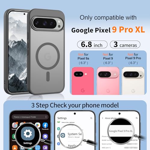 Coque pour Google Pixel 9 Pro XL fine avec 2 verres de protection d'écran MagSafe gris