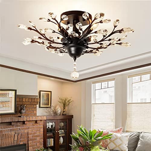 Garwarm 4 Lights Vintage Crystal Chandeliers Ceiling Lights LED Light Crystal Pendant Lighting Ceiling Light Fixtures Chandeliers Lighting for Living Room Bedroom Restaurant Porch Chandelier(Black)